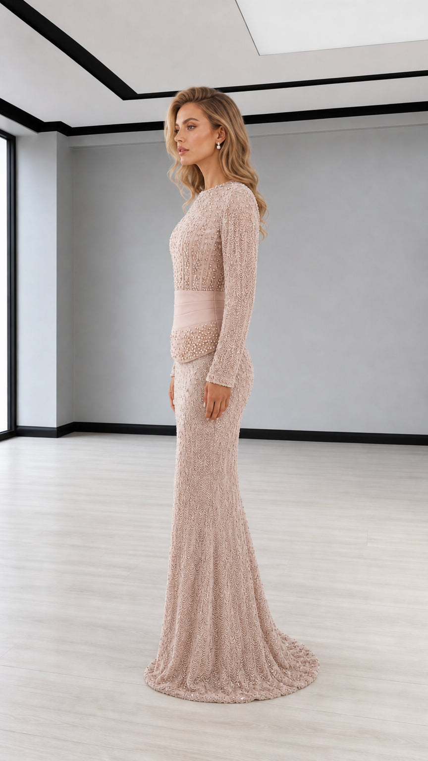 Side profile view of the champagne evening gown
