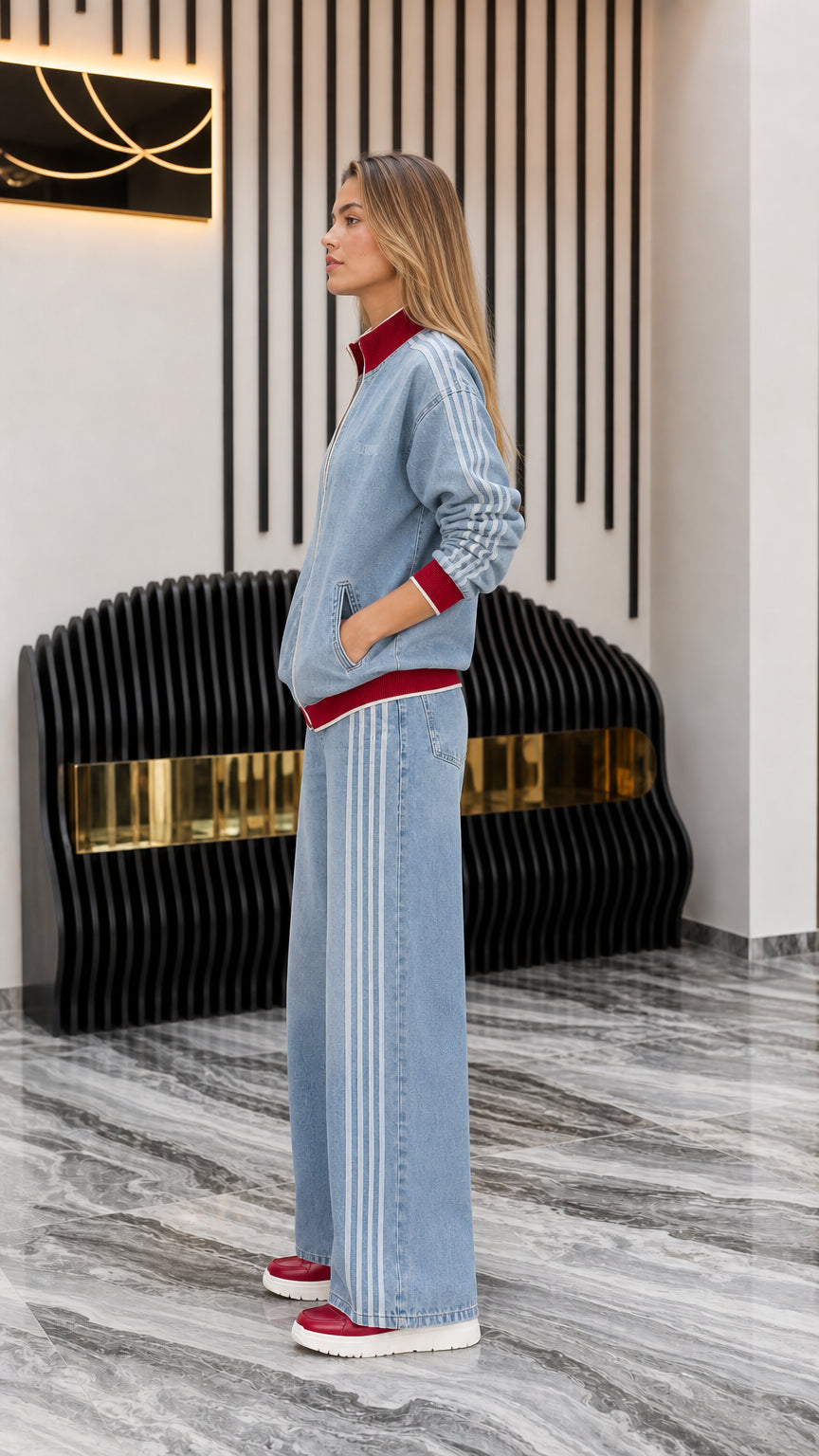 Side profile of model in Light Blue denim set