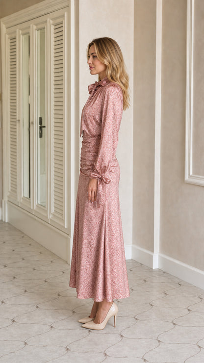 Side view of dusty rose long sleeve satin ruched maxi dress