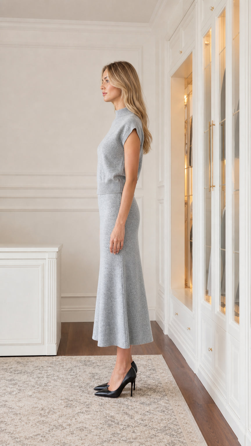 Side profile of woman wearing grey knit two-piece set with heels