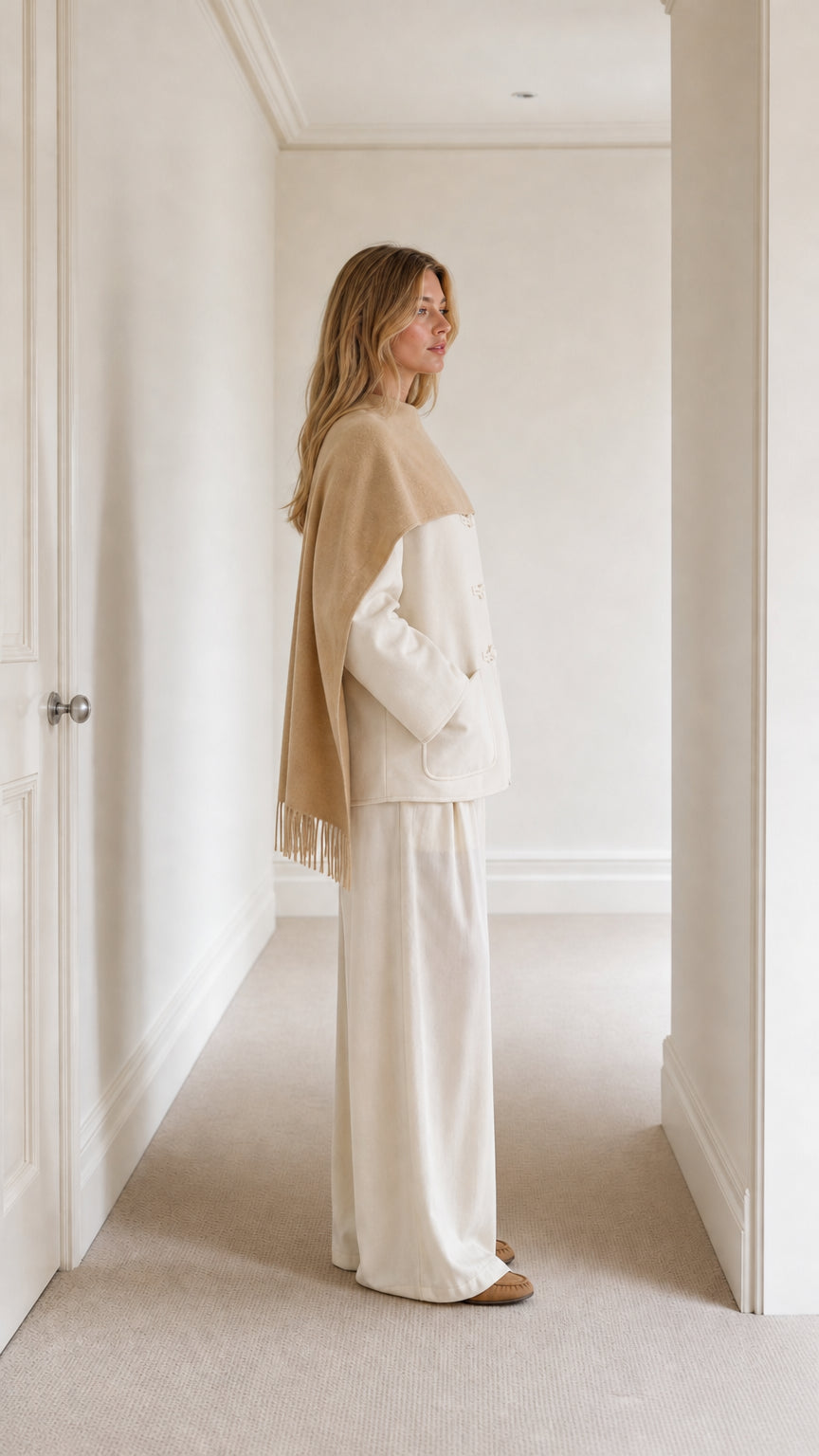 Side view of model in cream relaxed lounge set with draped camel shawl cape