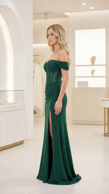 Dark green evening dress side profile with slit