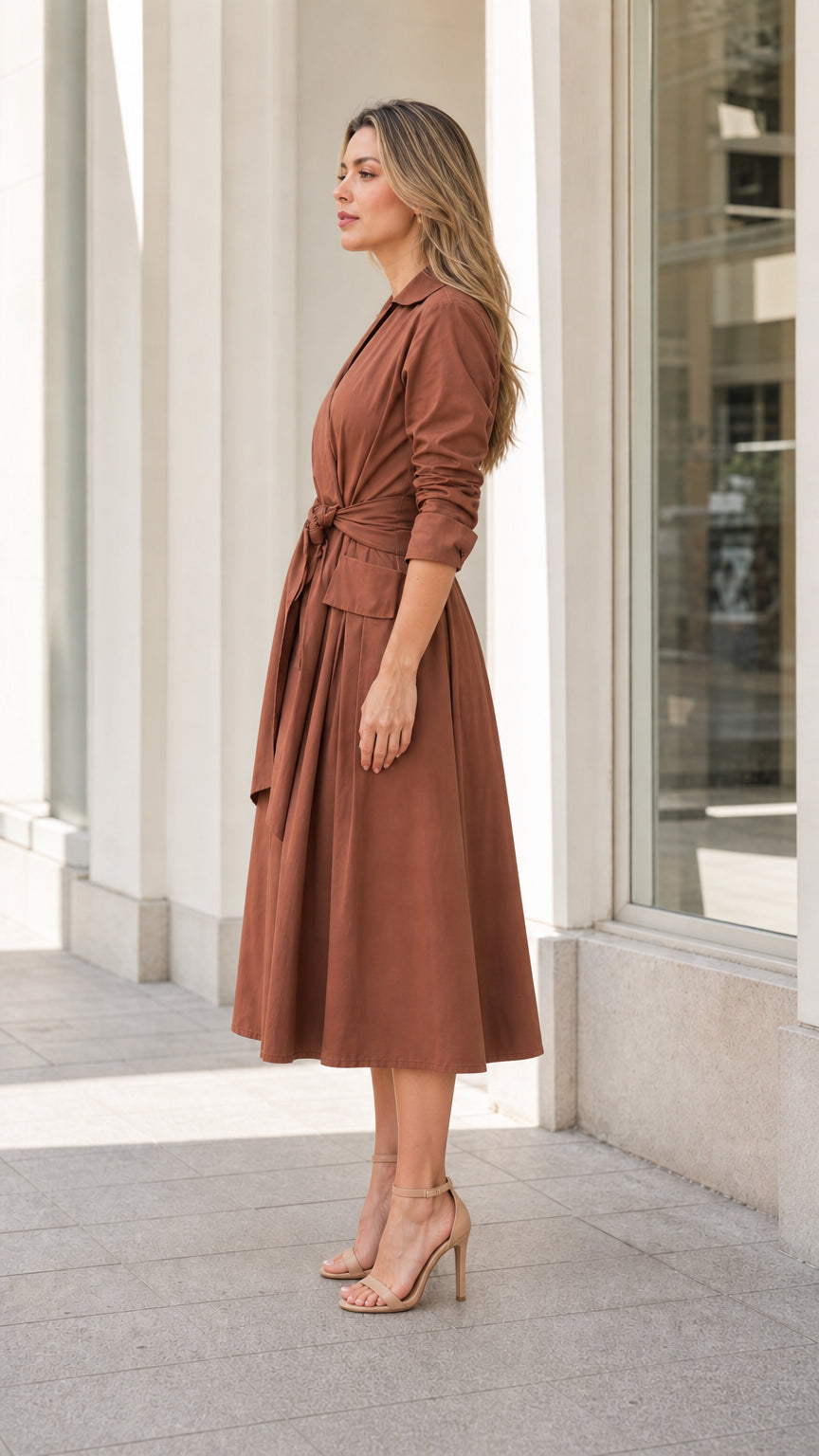 Side view of woman wearing brown lapel midi trench dress