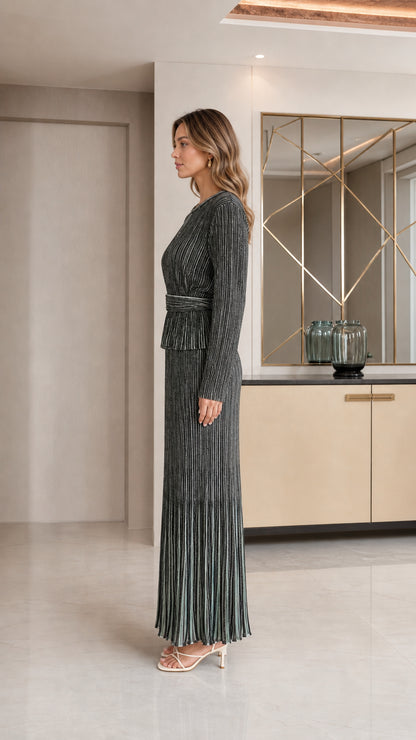 Side profile view of Charcoal Grey pleated shimmer maxi dress