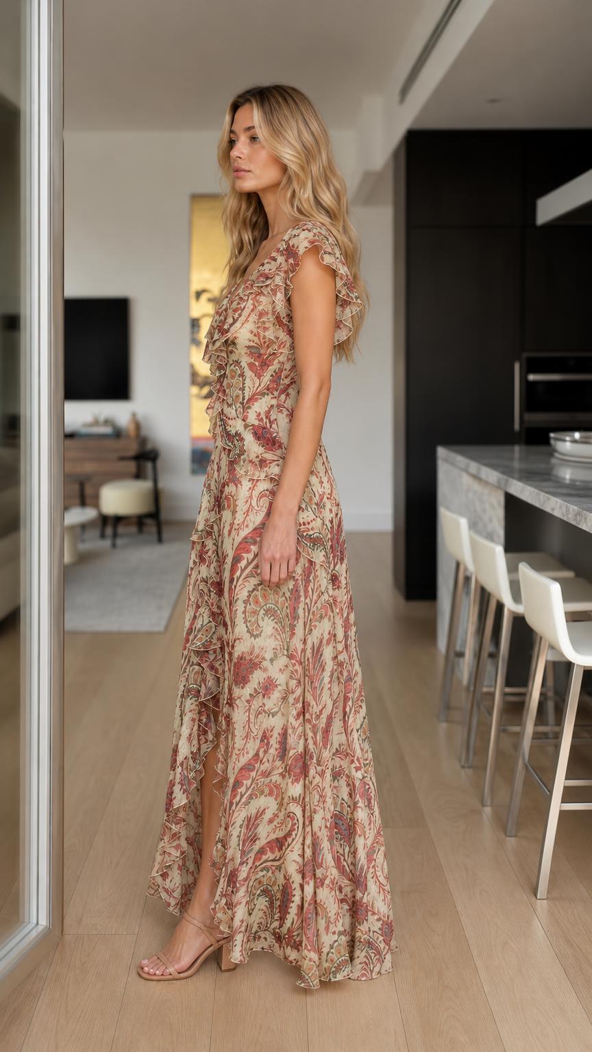 Side view of beige paisley maxi dress showing high-low hem