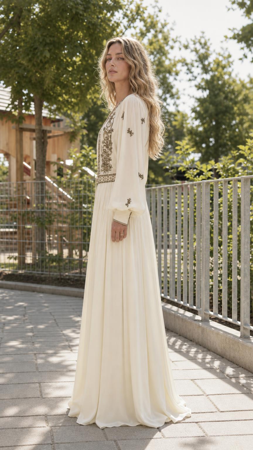 Side profile of Ivory maxi dress