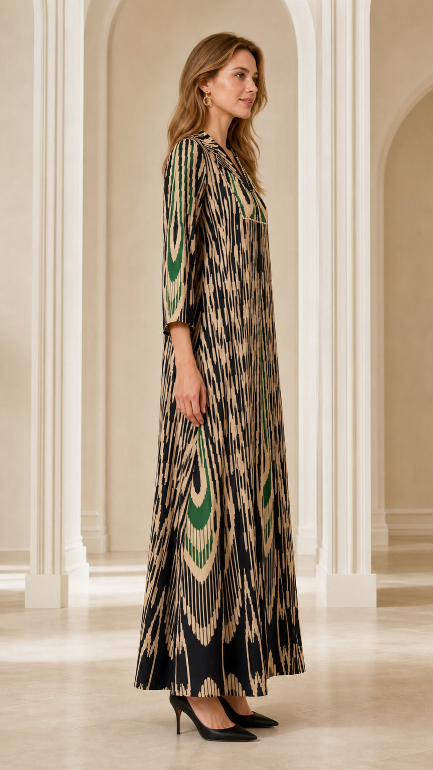 Side profile view of woman wearing Black Ikat Print Embellished Maxi Dress
