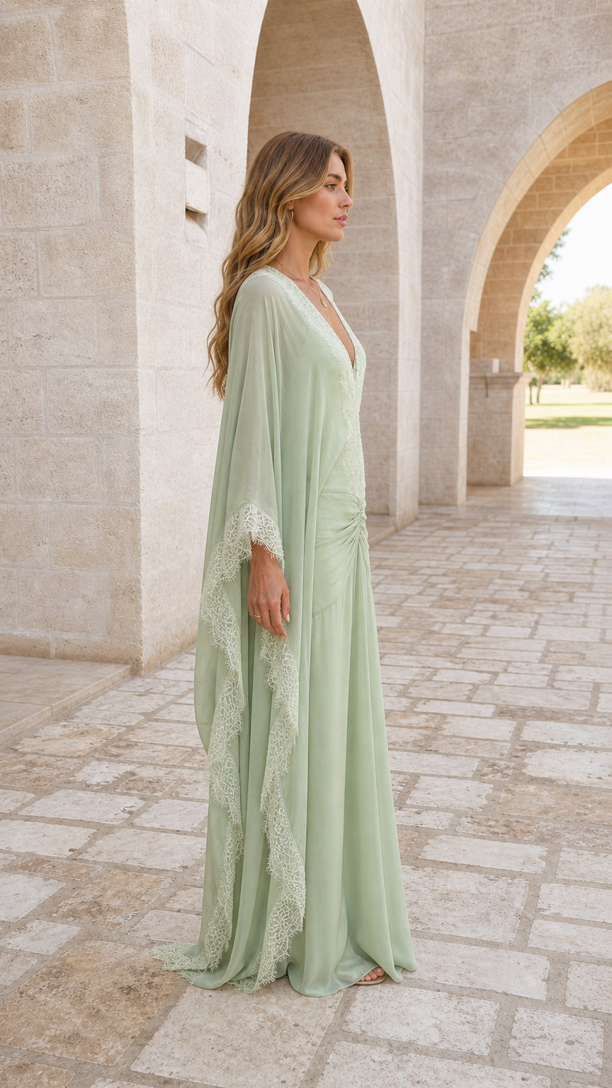 Sage Green lace trim kaftan dress side profile view