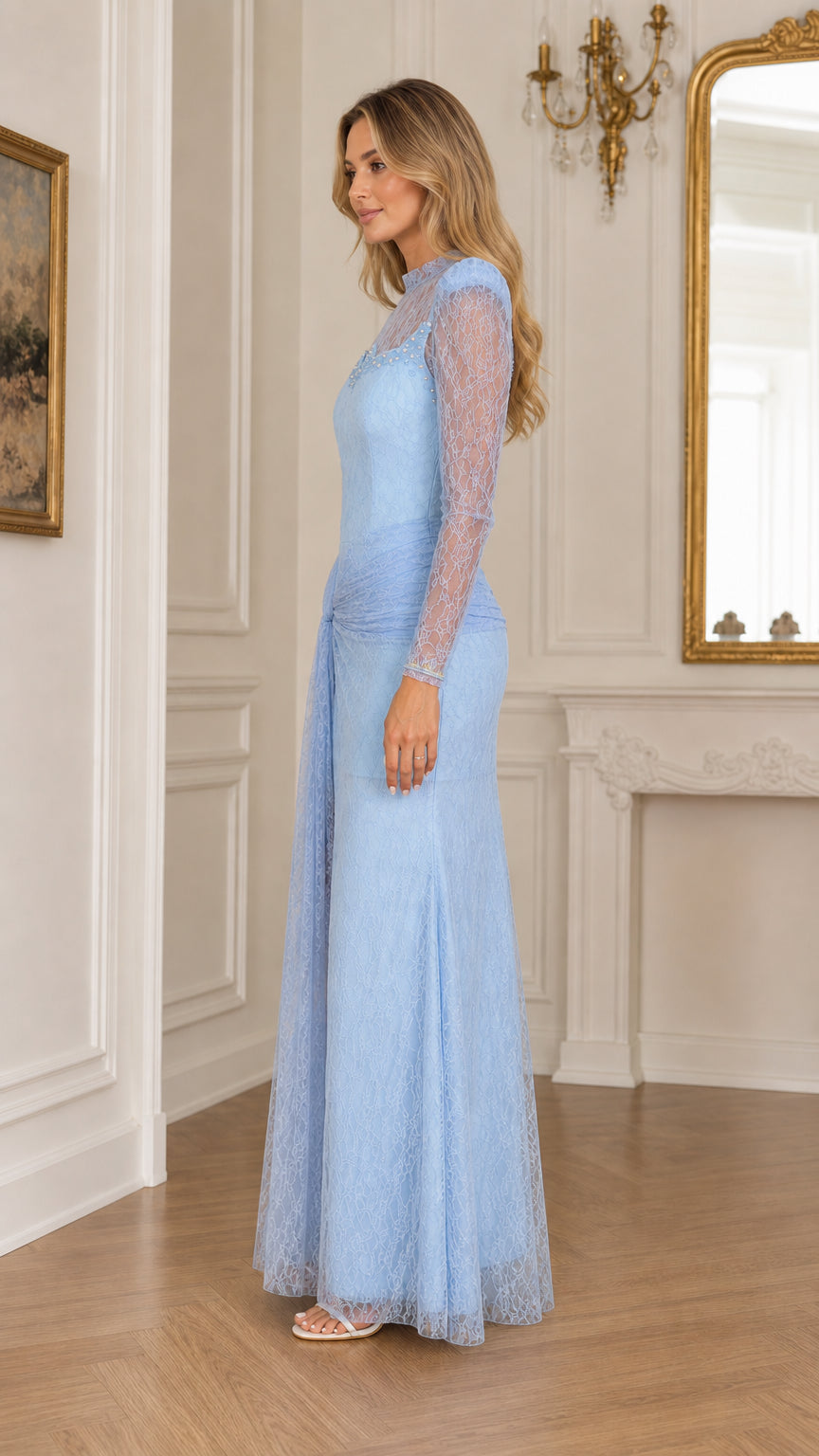Side profile view of a woman in a floor-length light blue lace formal dress