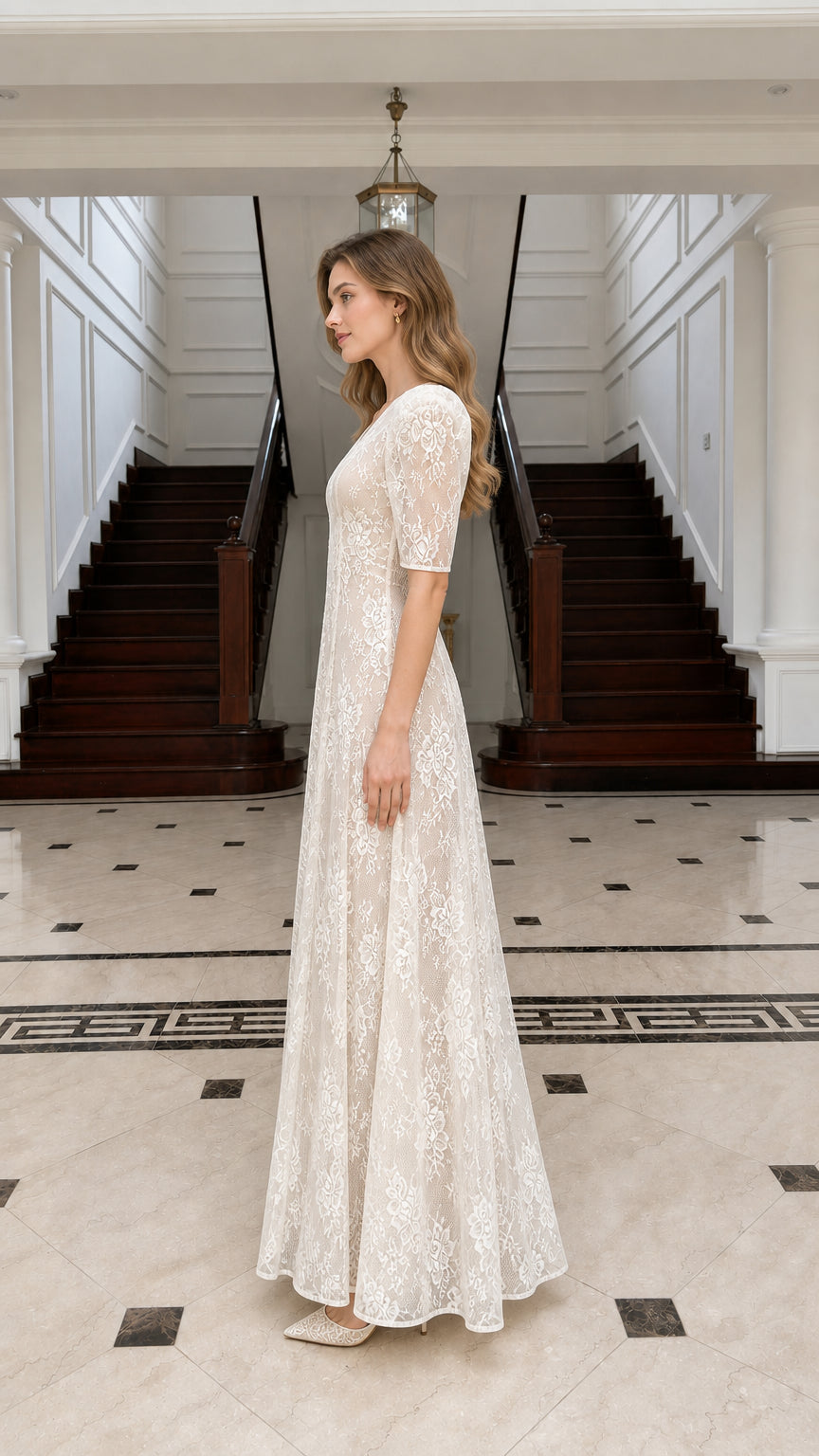 Side profile of Champagne lace maxi dress