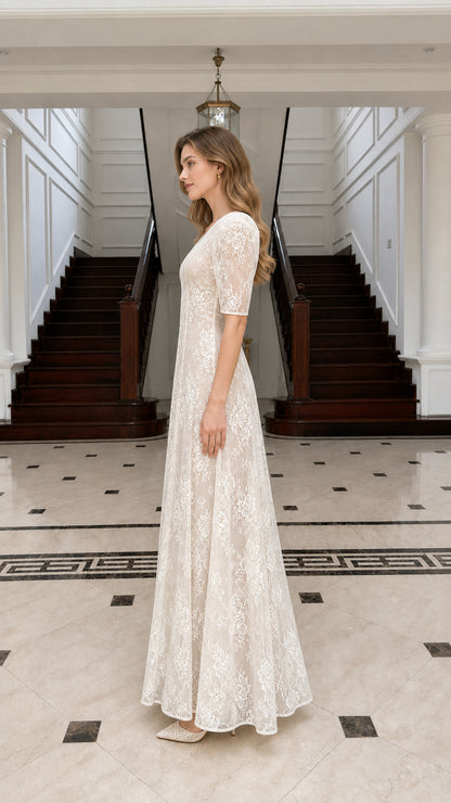 Side profile of Champagne lace maxi dress