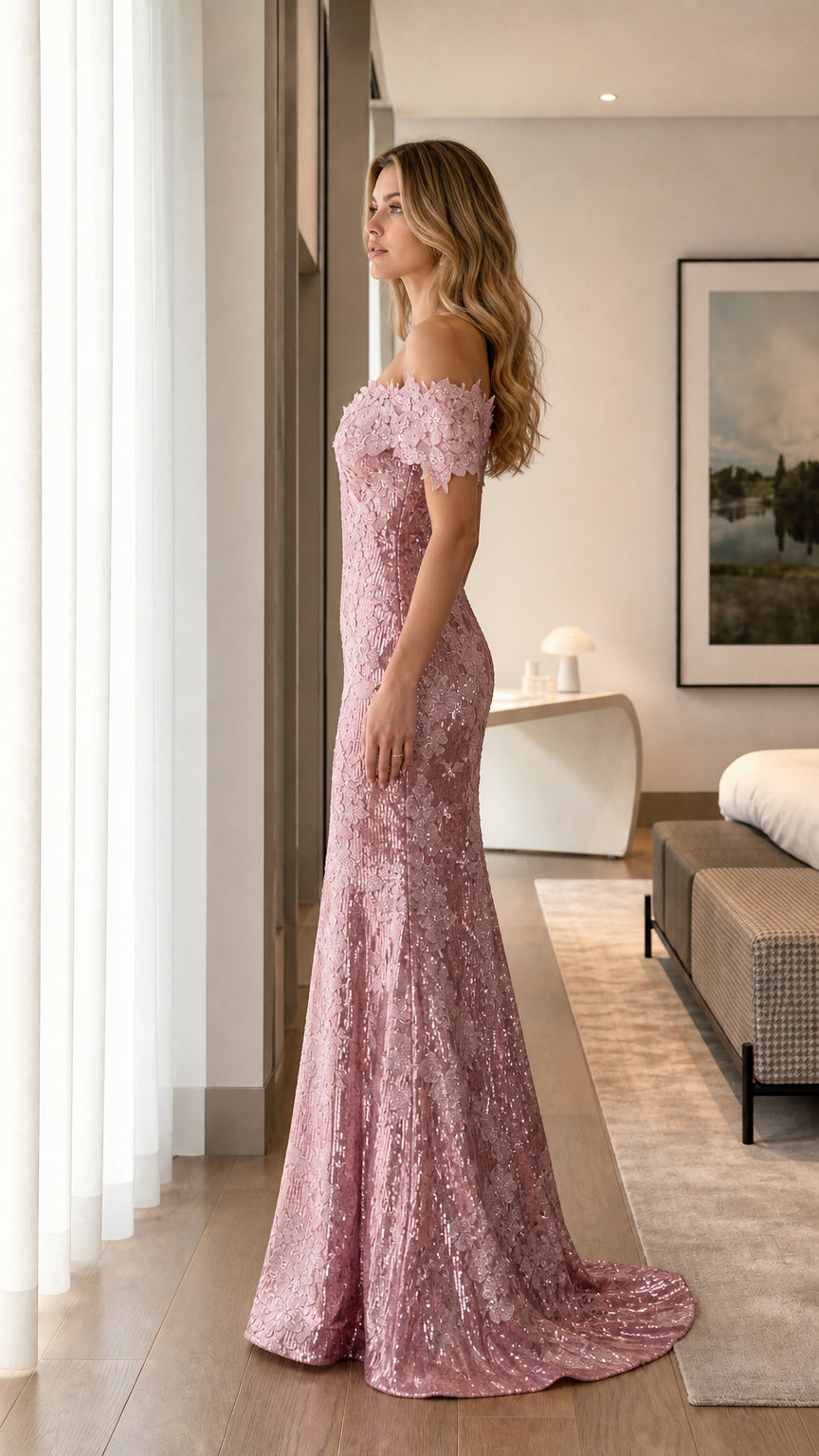 Side profile view of pink sequin evening dress