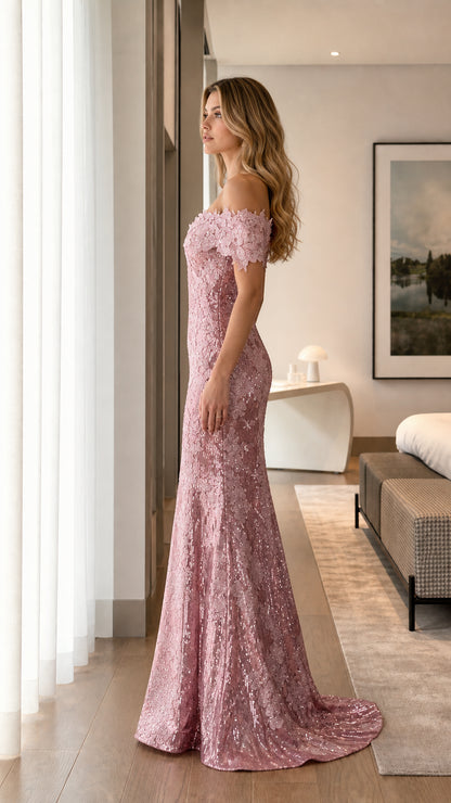 Side profile view of pink sequin evening dress