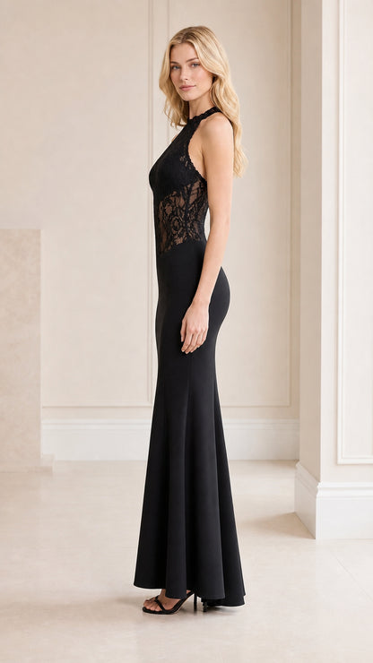 Side profile view of black evening gown
