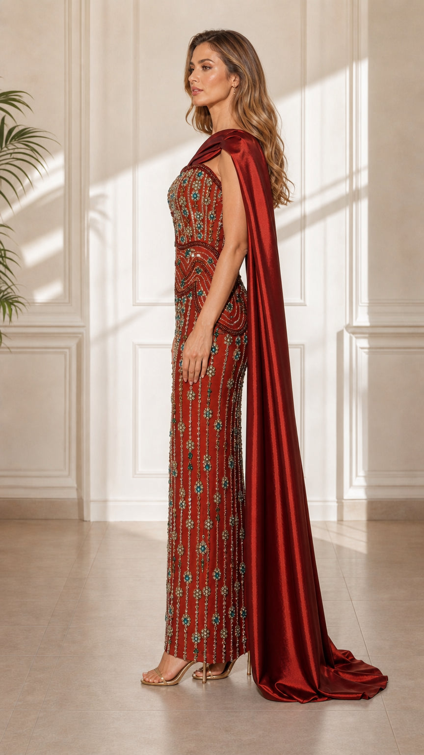 Side profile view of red evening dress with draped cape