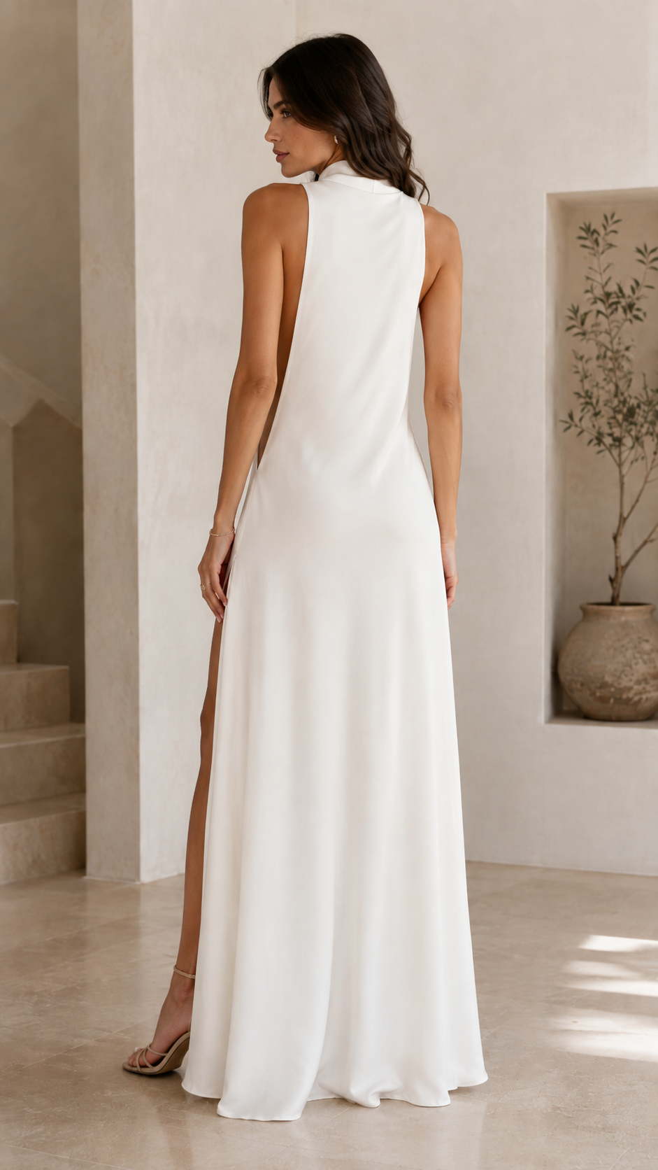 White maxi dress back view with high slit