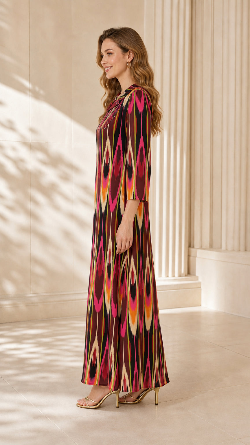 Side profile of Burgundy Multi printed 3/4 sleeve A-line maxi dress