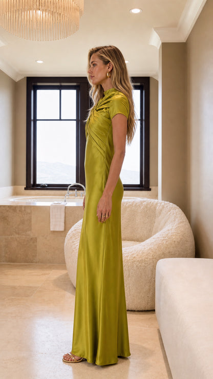 Olive green satin maxi gown side profile view