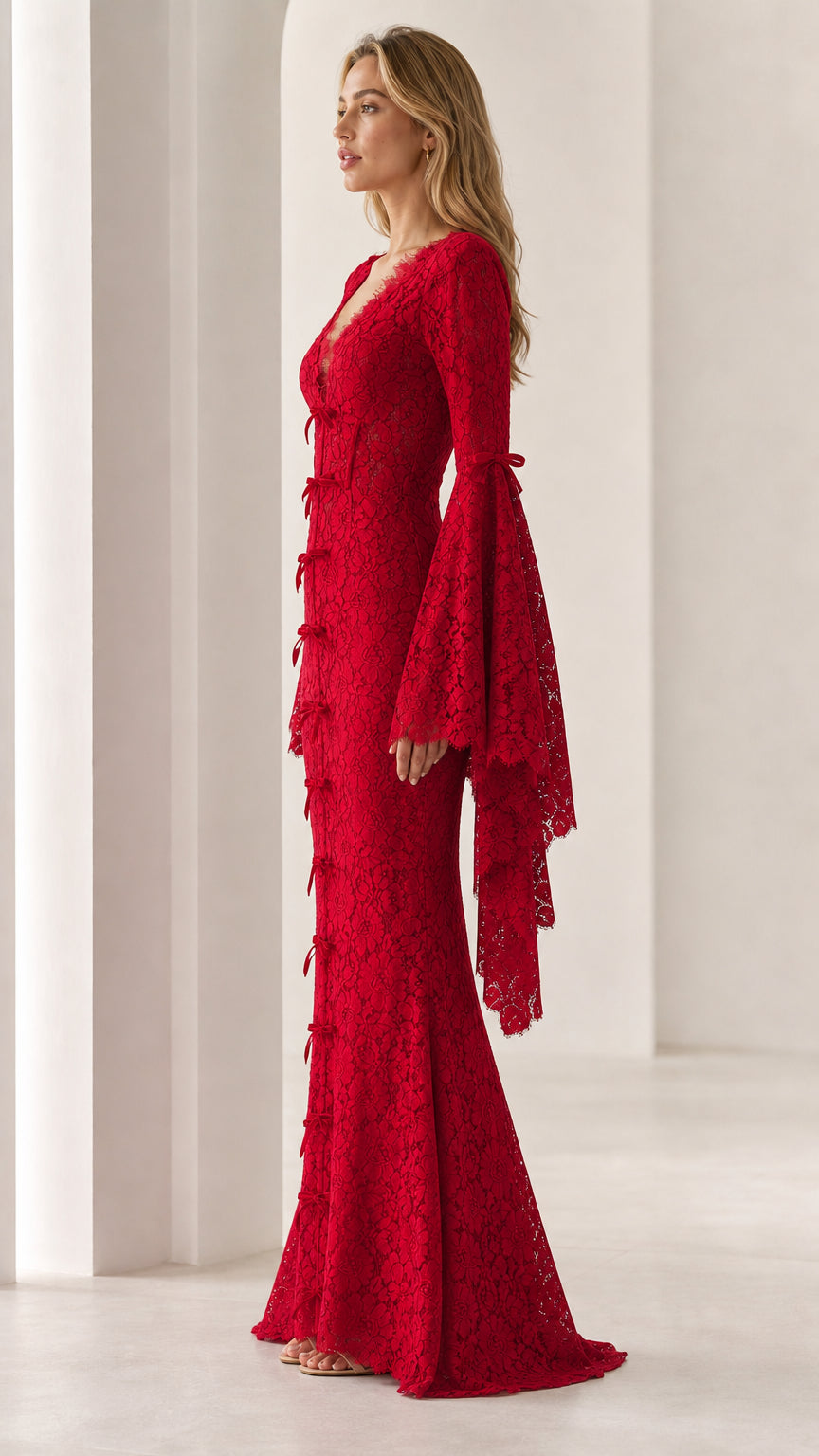 Side profile of model in red lace maxi dress