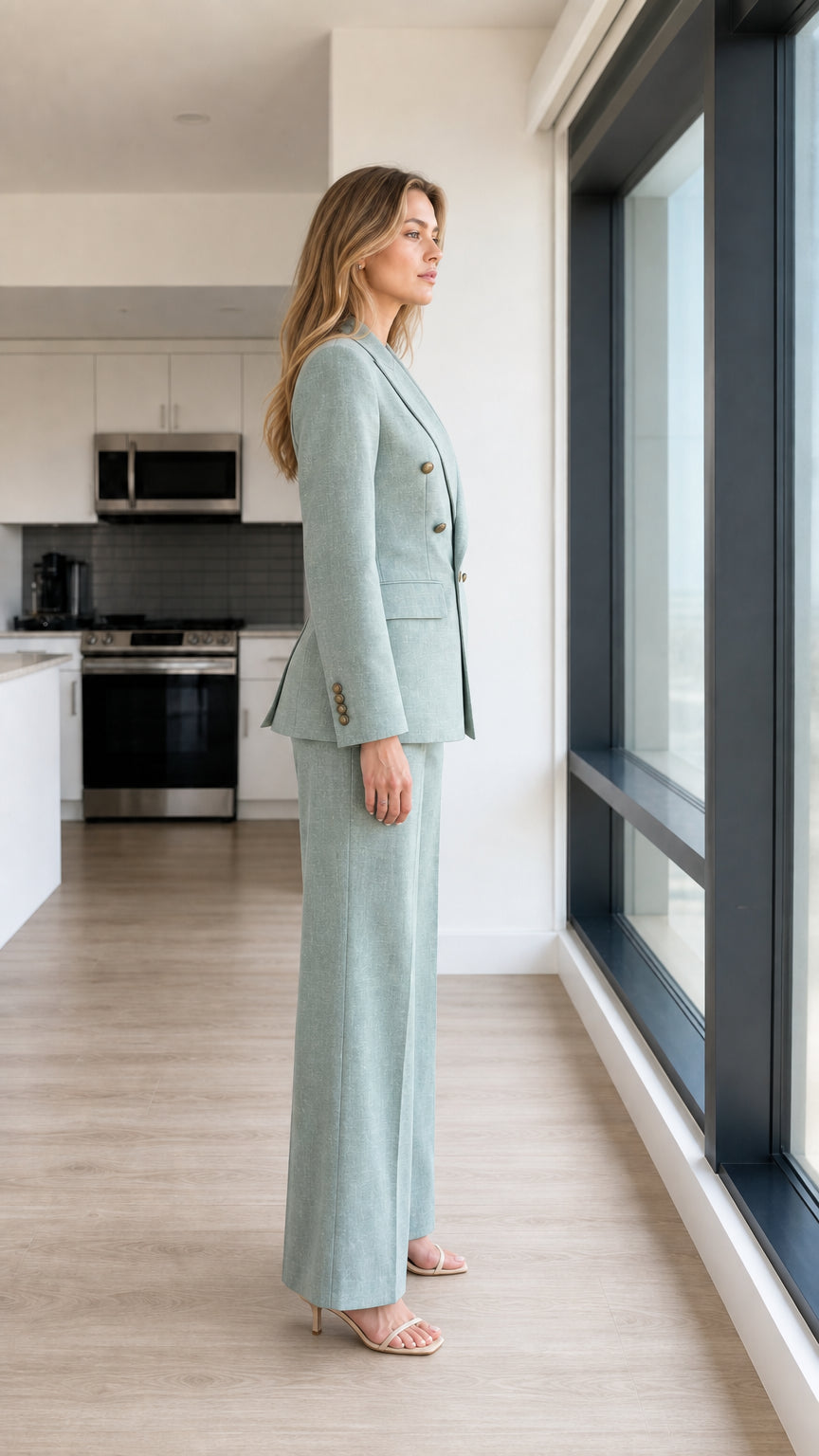 Side profile of woman in sage green suit