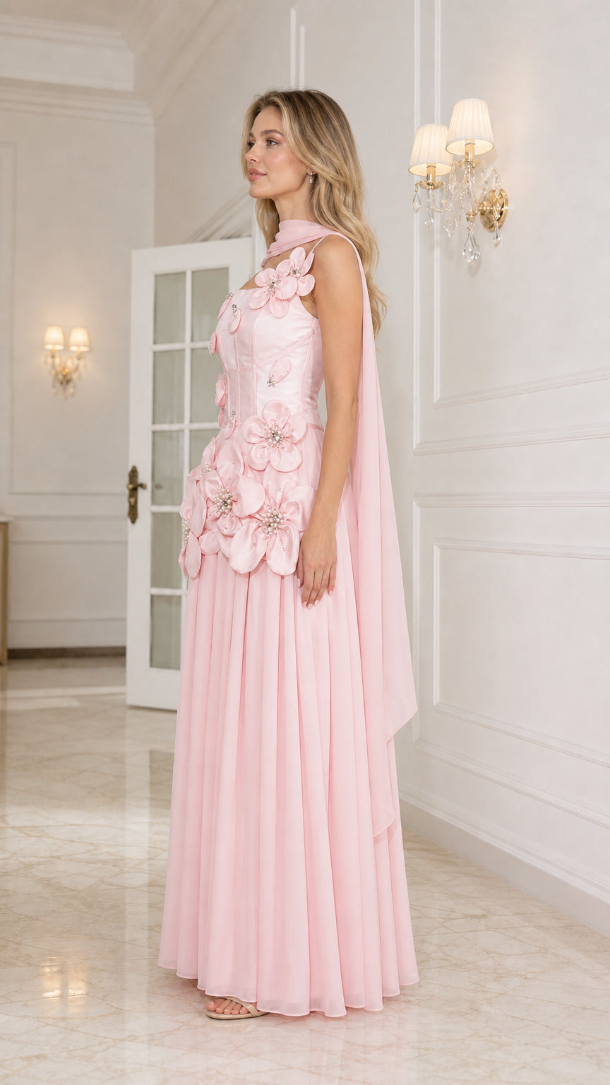 Side profile view of pink evening gown with matching stole