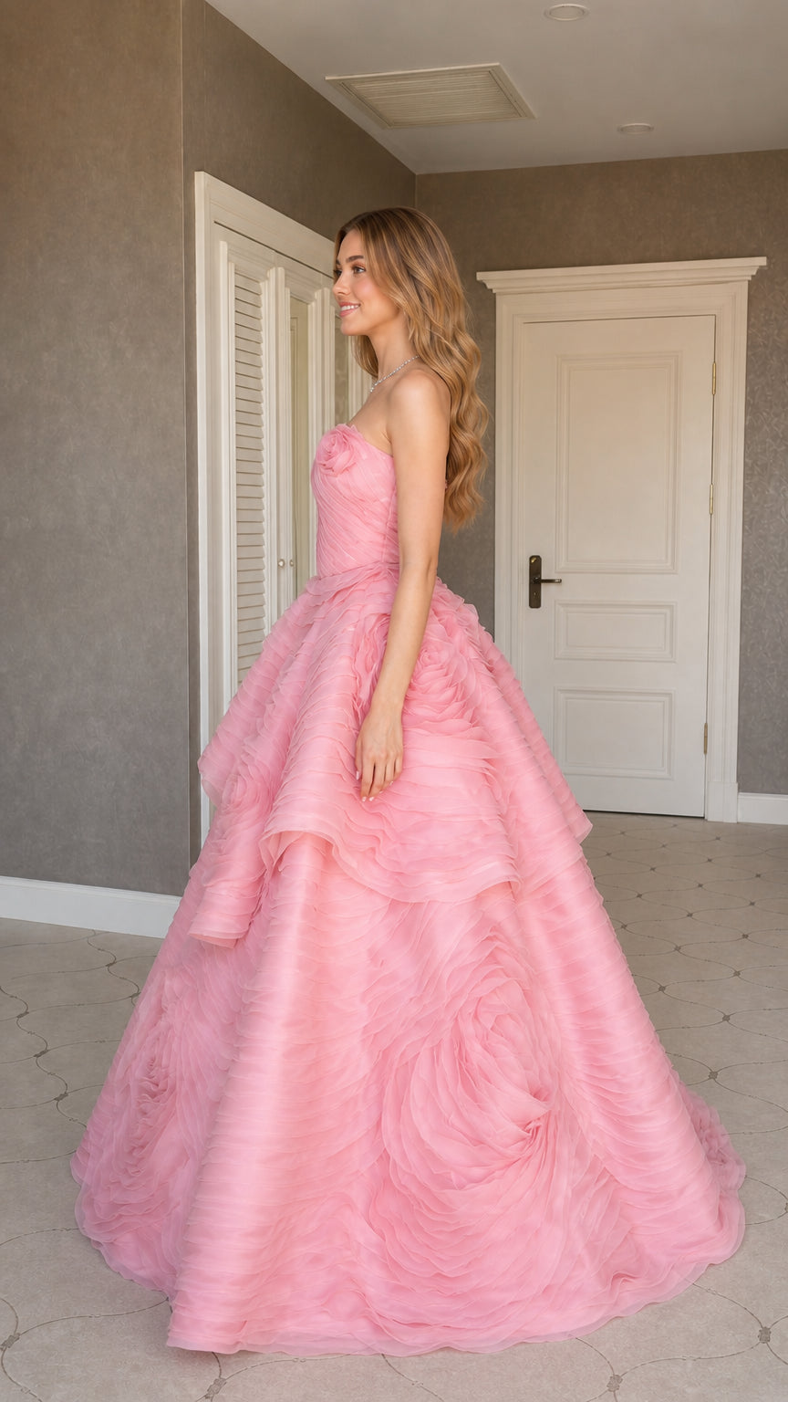 Side profile view of pink evening ball gown