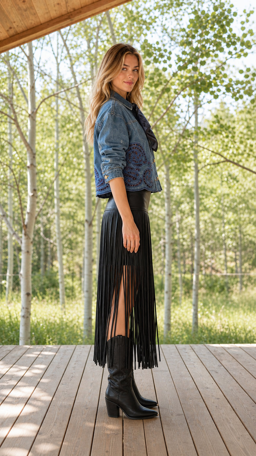 Side profile view of blue embroidered crop denim jacket