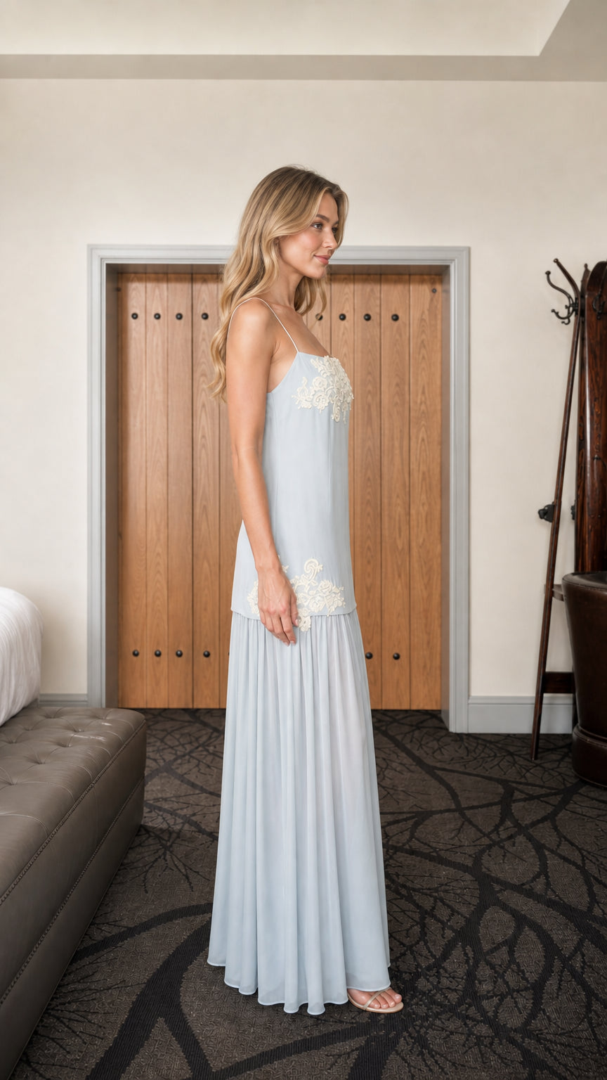Elegance Applique Cami Maxi Dress in Light Blue side view