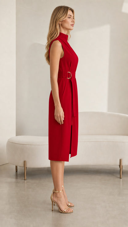 Side profile of red midi dress on model