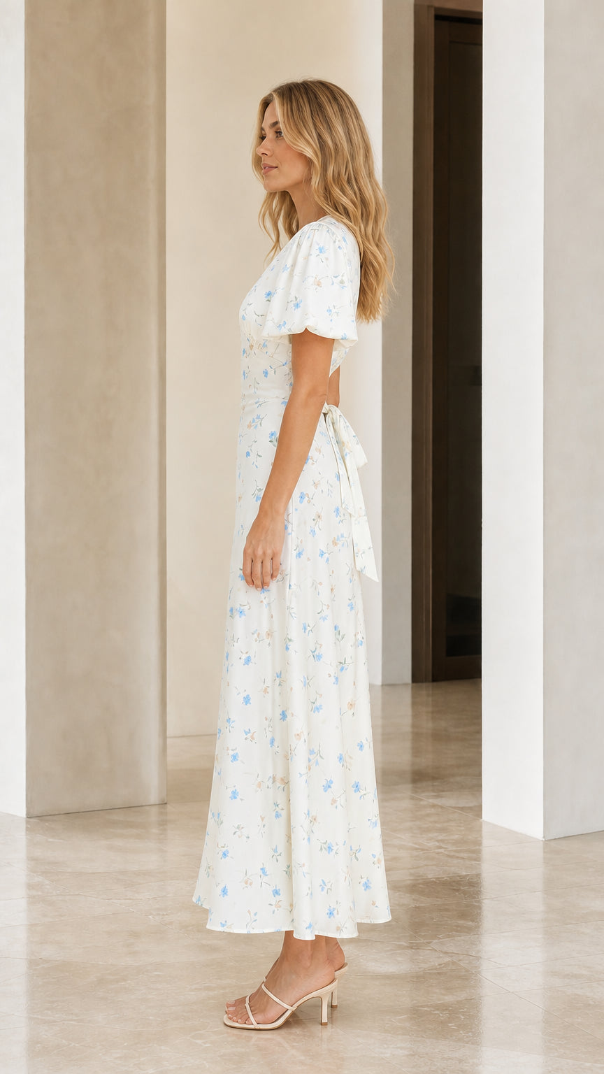 Side profile of woman wearing white floral print maxi dress