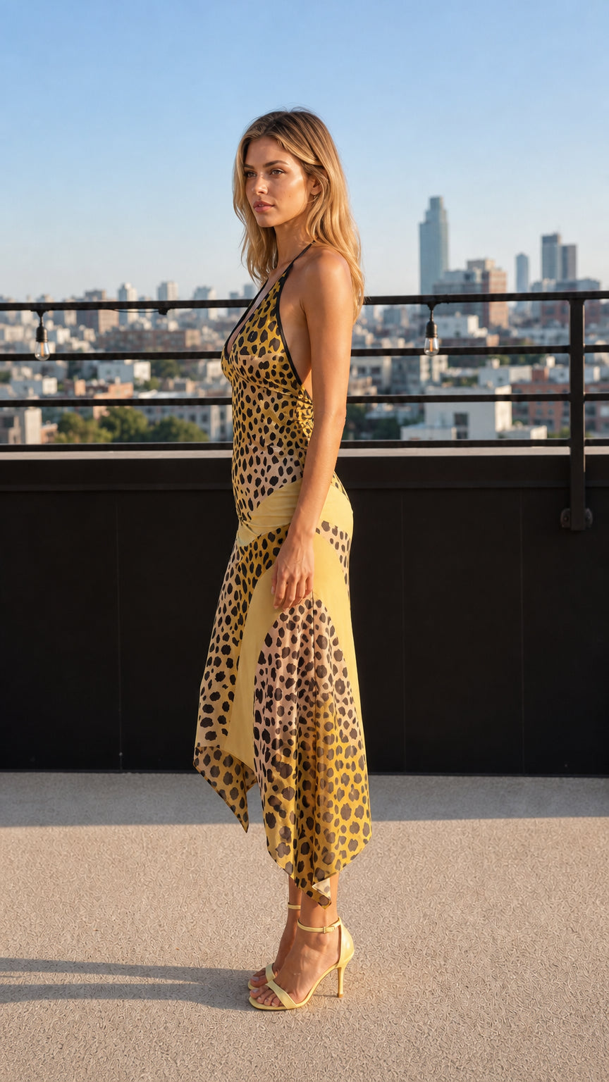 Side profile of model in yellow leopard print midi dress on rooftop