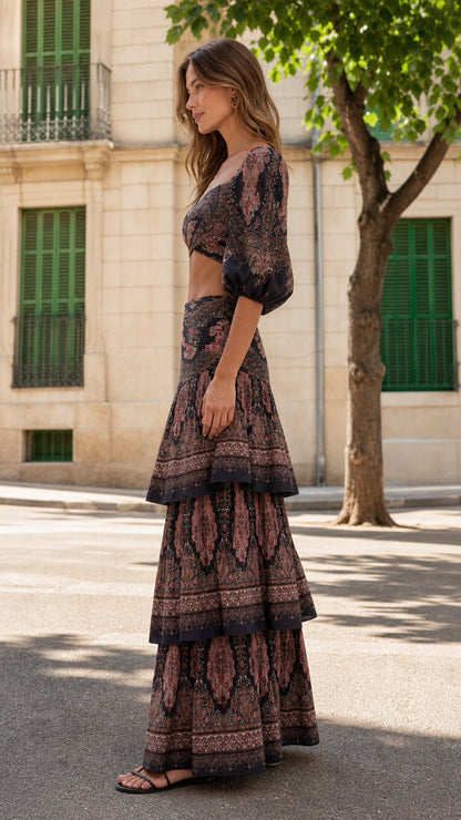 Model wearing black boho printed two piece set side view