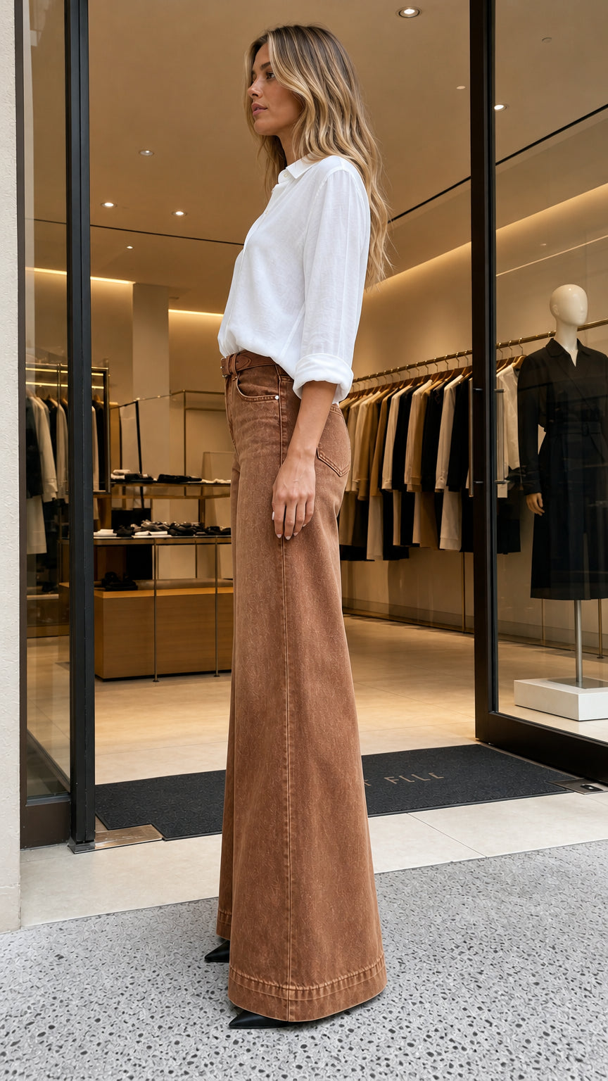 Side profile view of brown wide-leg denim pants