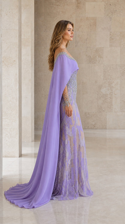 Side profile of lavender cape formal dress showing the train and mermaid silhouette
