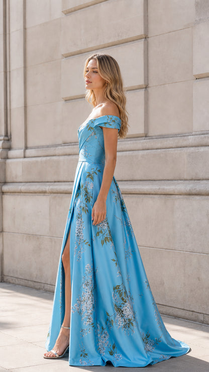 Side profile view of Light Blue floral satin gown showcasing the silhouette