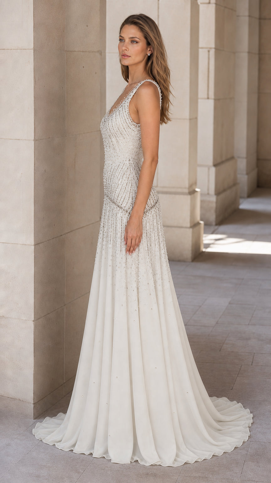 Side view of white beaded evening gown