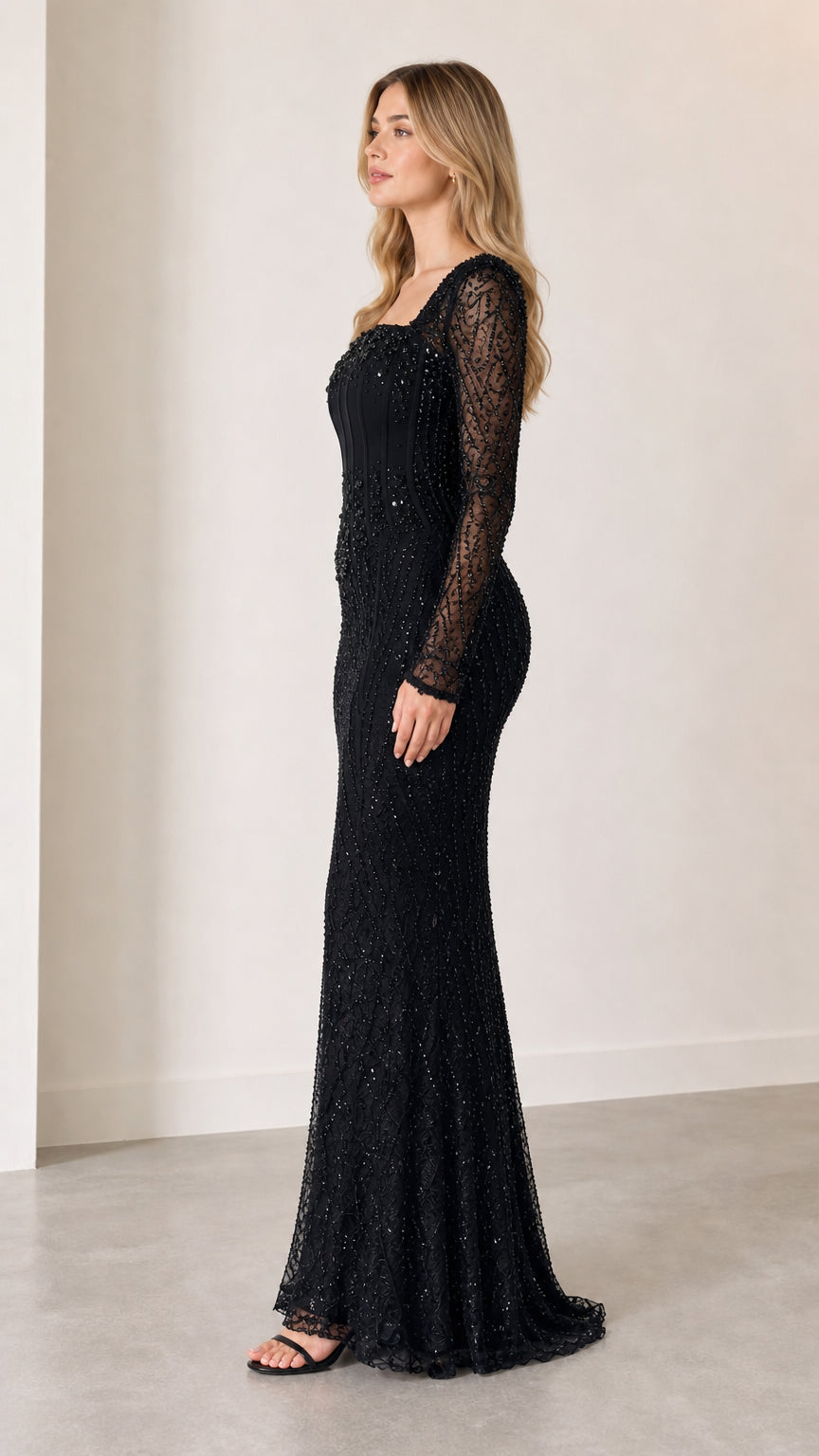Side profile view of black square neck long sleeve beaded maxi gown
