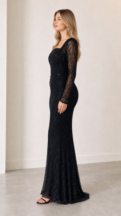 Side profile view of black square neck long sleeve beaded maxi gown
