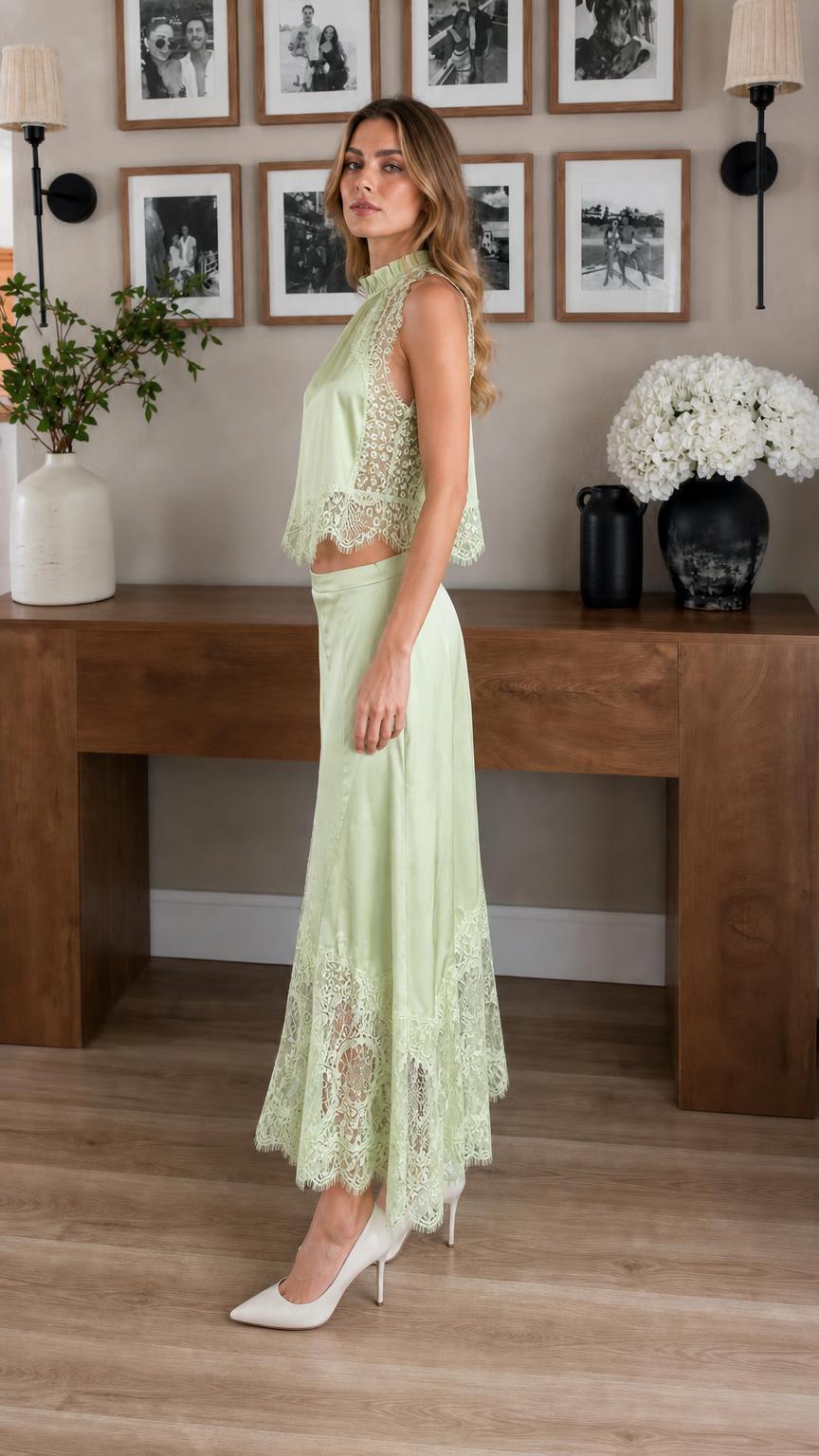 Sage Green Satin Two Piece Set Side View