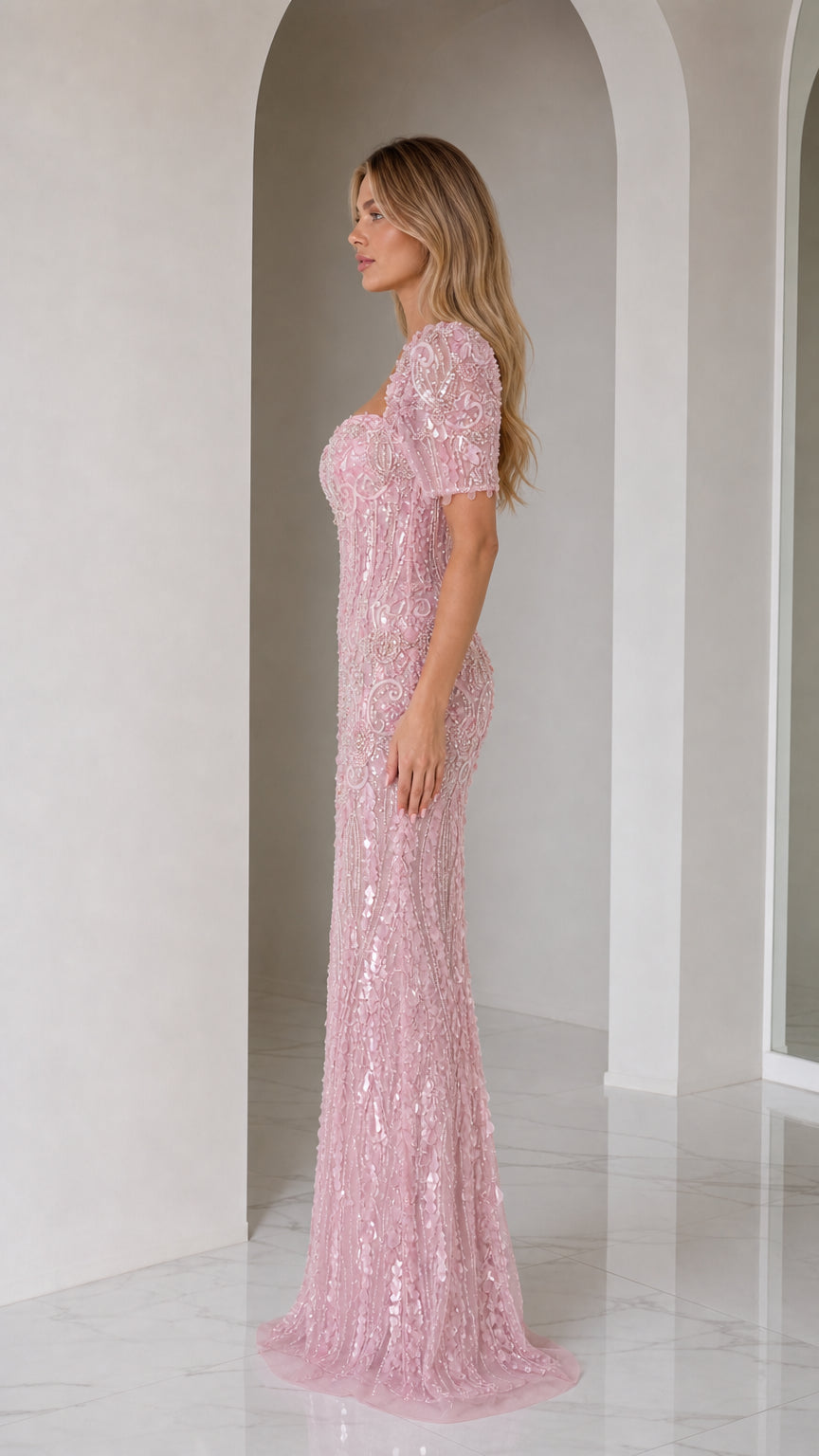 Side profile of blush pink sequin embellished mermaid formal dress