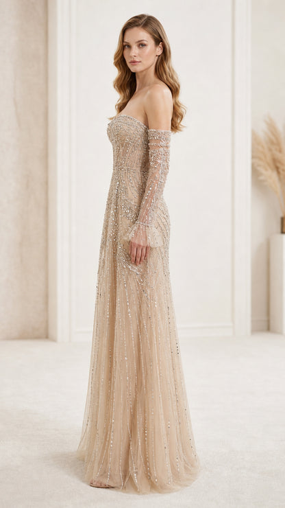 Side profile of champagne formal gown