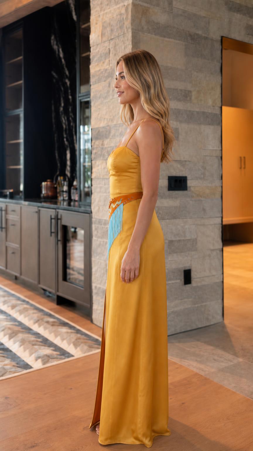 Side profile of yellow satin evening gown showing high slit