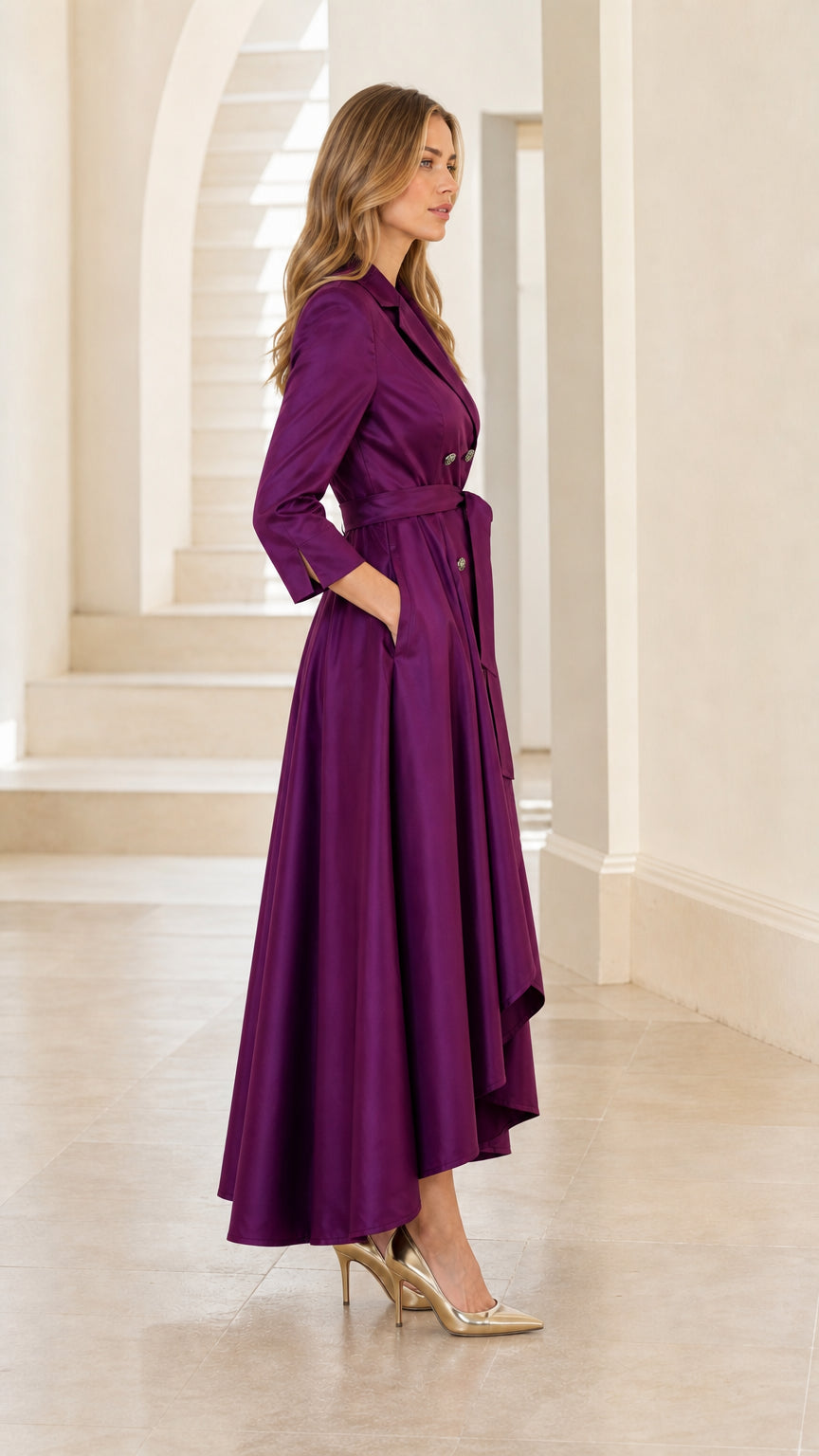 Side profile view of purple satin trench dress