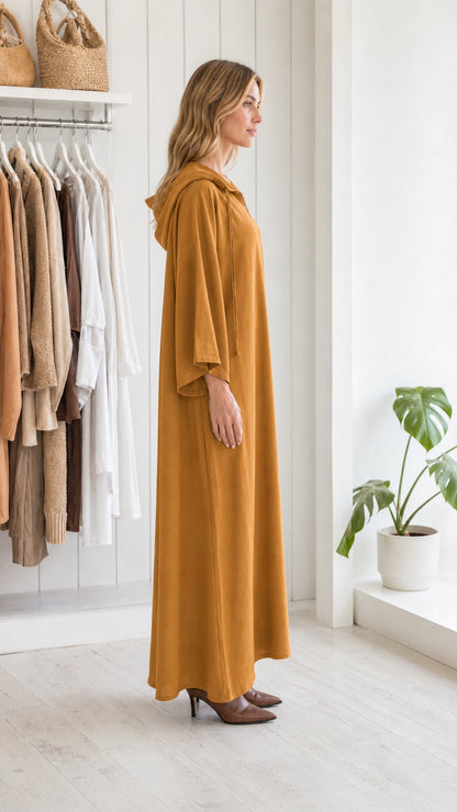 Side profile of woman in mustard hooded kaftan