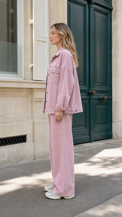 Side profile view of model in Dusty Pink corduroy matching set