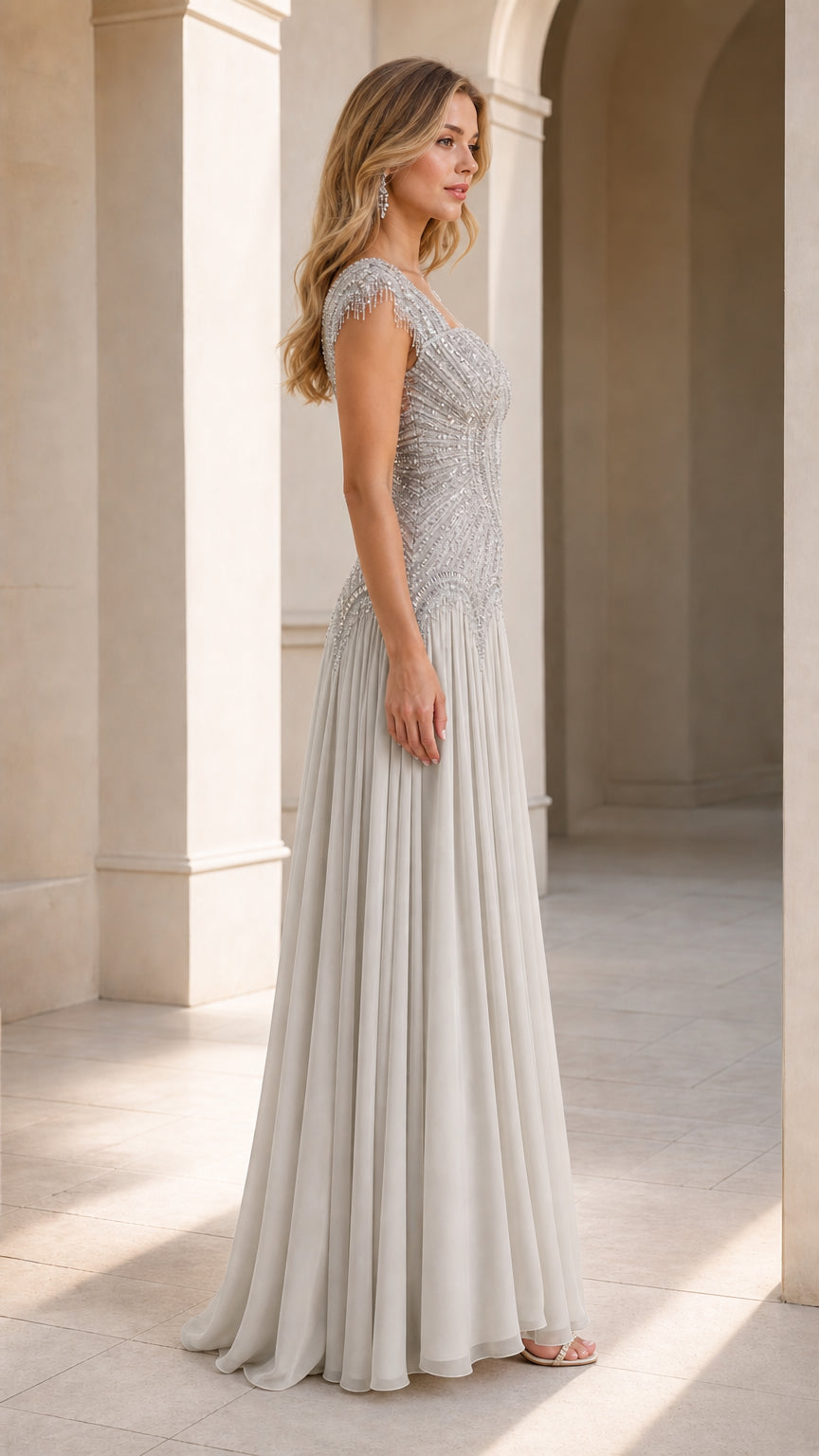 Side view of silver beaded formal gown with flowing pleated skirt