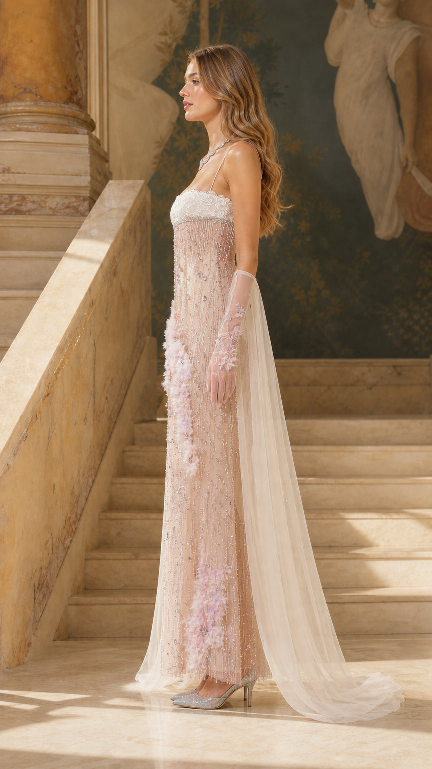 Side profile view of blush pink formal gown