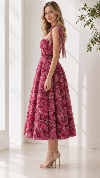 Side profile view of hot pink dress