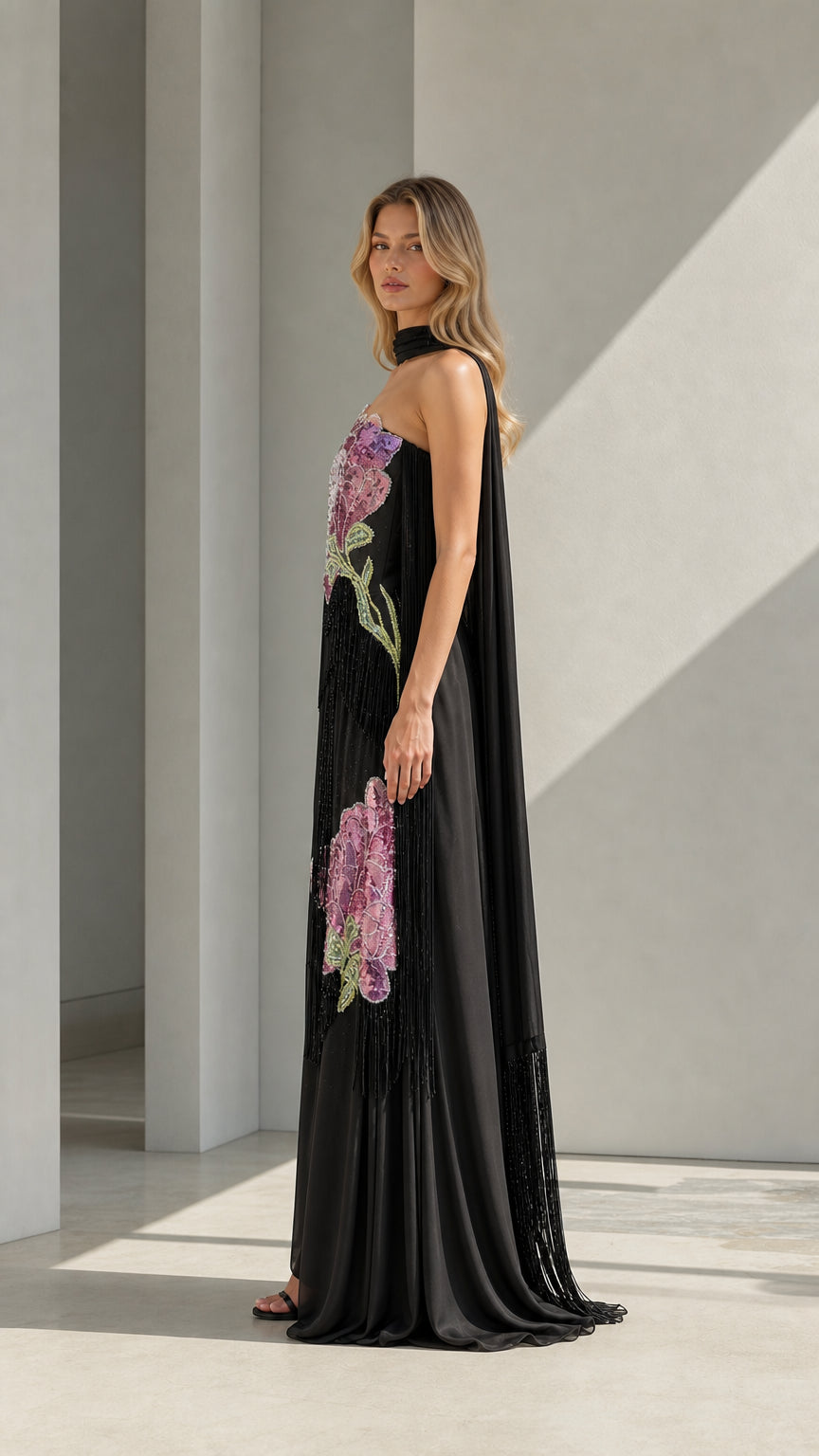 Side profile view of black evening gown