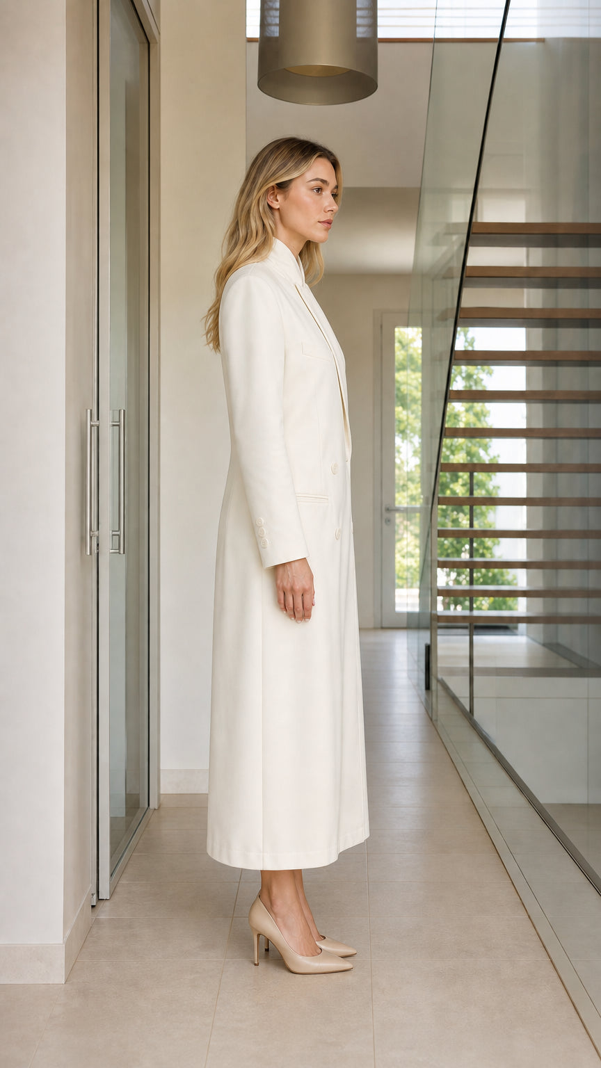 Side profile of woman wearing ivory longline tailored coat dress